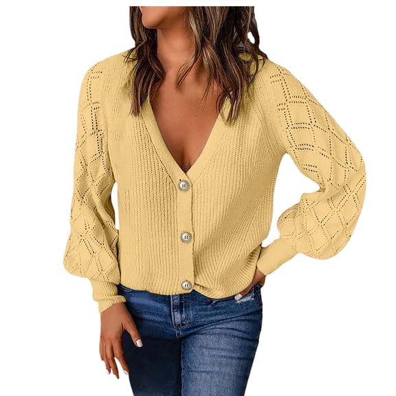 DHFJKG Women's Cable Knit Cardigan Sweater Hallow Out Long Sleeve Deep V-Neck Solid Color Loose Fit Knitted Coat Stylish Classic Outerwear