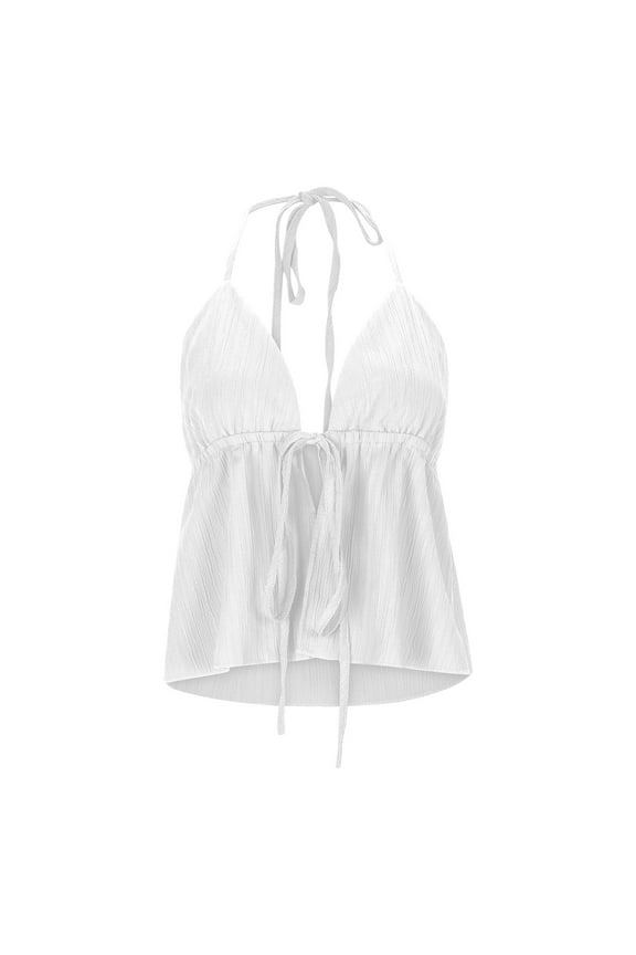 Women's Camisole Summer Beach Top Fashion Solid Color Self Tie Halter Deep V Neck Flowy Sleeveless Shirt Vacation Sexy Cozy Tops