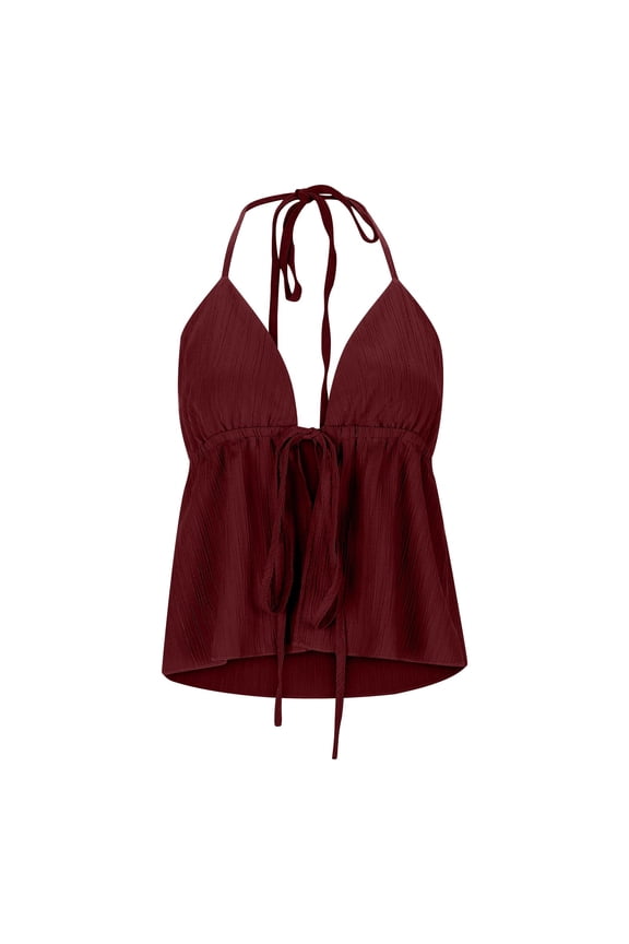 Women's Camisole Summer Beach Top Fashion Solid Color Self Tie Halter Deep V Neck Flowy Sleeveless Shirt Vacation Sexy Trendy Tops