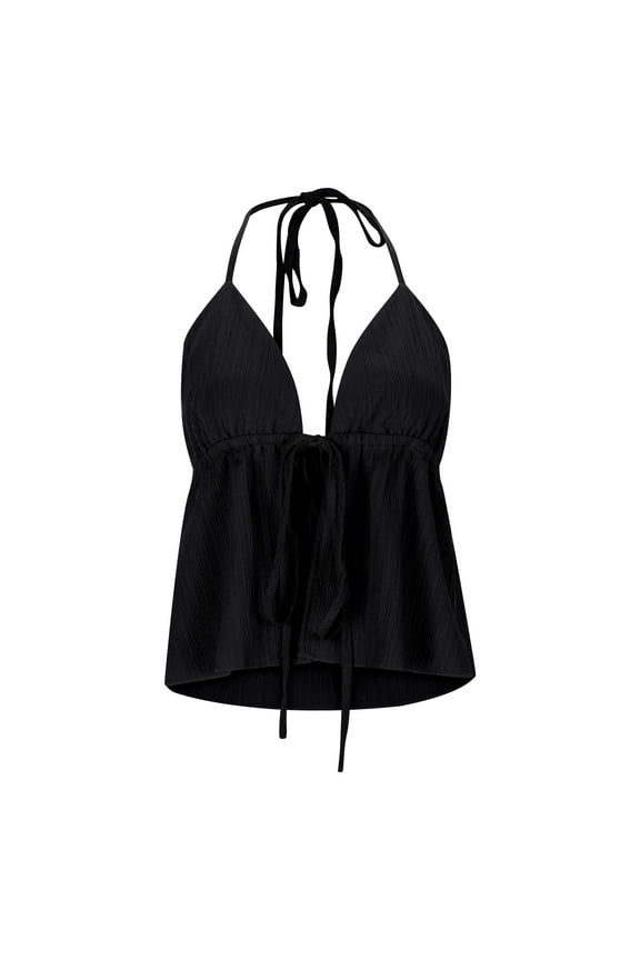 Women's Camisole Summer Beach Top Fashion Solid Color Self Tie Halter Deep V Neck Flowy Sleeveless Shirt Vacation Sexy Trendy Tops