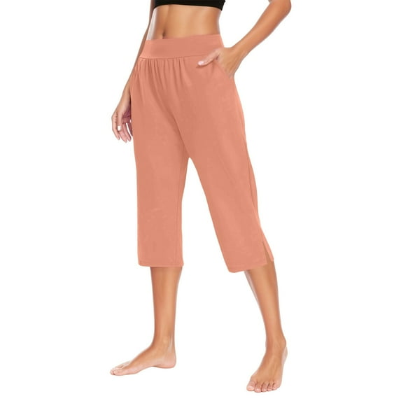 DHFJKG Women's Capri Yoga Pants With Pockets Side Slits Elastic Waist Solid Color Mid Rise Wide Leg Workout Crop Pants For Exercise Stylish Trousers
