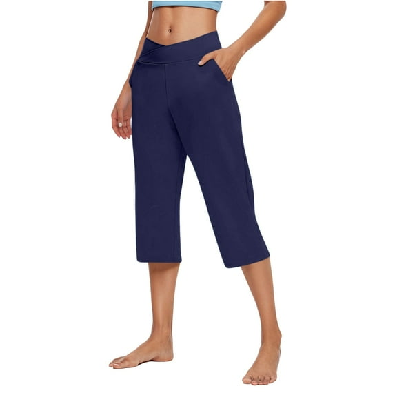 DHFJKG Women's Capri Yoga Pants With Pockets Solid Color Mid Rise Wide Leg Workout Crop Pants For Exercise Cozy Trousers