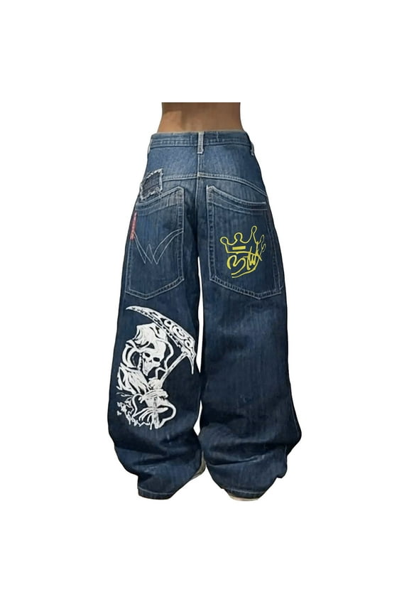 Women's Cargo Baggy Jeans Low Waist Oversized Y2K Gothic Skeleton Graphic Printed Denim Pants Streetweear Hop Comfort Trousers