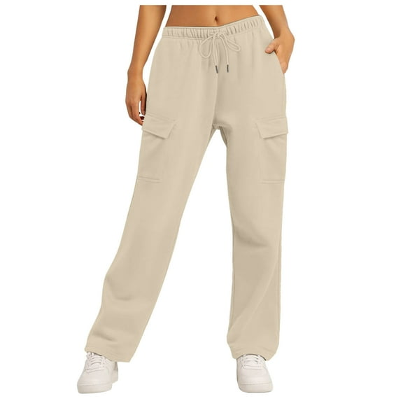 DHFJKG Women’s Cargo Baggy Sweatpants Mid Waisted Straight Leg Loose Fit Pants Joggers Workout Yoga Pants With Multi Pockets Solid Color Elastic Drawstring Stylish Trousers