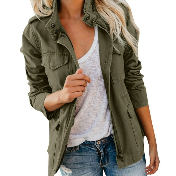 DHFJKG Women's Cargo Jacket Solid Color Oversized Zip Up Regular Fit Coat With Multi Pockets Vintage Comfort Jackets