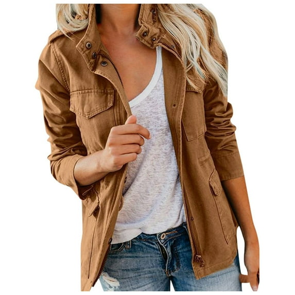 DHFJKG Women's Cargo Jacket Solid Color Zip Up Regular Fit Coat With Multi Pockets And Button Closure Vintage Classic Jackets