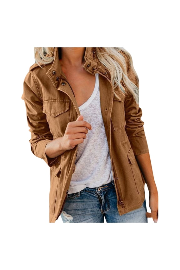 Women's Cargo Jacket Solid Color Zip Up Regular Fit Coat With Multi Pockets And Button Closure Vintage Comfort Jackets