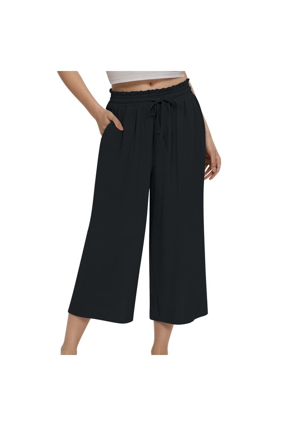 Women's Casual Capri Pants Linen High Waisted Solid Color Loose Fit With Tight Waist Lace Up Wide Leg Cropped Pants Breathable Trousers