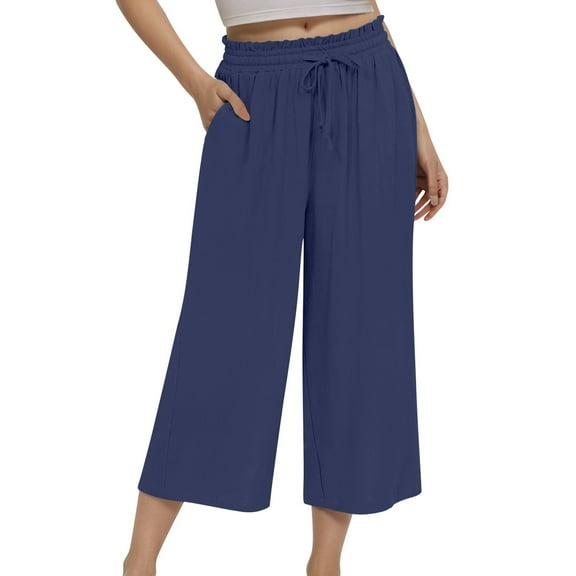 DHFJKG Women's Casual Capri Pants Linen High Waisted Solid Color Loose Fit With Tight Waist Lace Up Wide Leg Cropped Pants Stylish Trousers
