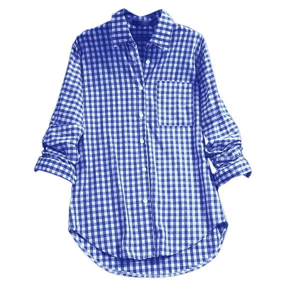 DHFJKG Women's Casual Long Shirts Plaid Collared Long Sleeve Retro Button Up T Shirt Curved Hem Trendy Tops