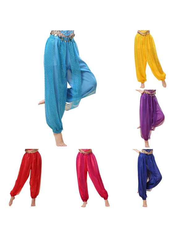 Women's Chiffon Belly Dance Pants Shiny Sequins Hippie Lantern Harem Pants