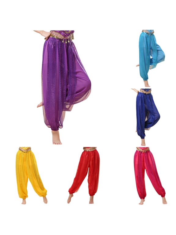 Women's Chiffon Belly Dance Pants Shiny Sequins Hippie Lantern Harem Pants