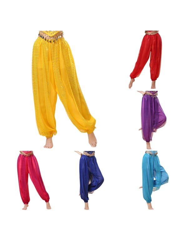 Women's Chiffon Belly Dance Pants Shiny Sequins Hippie Lantern Harem Pants
