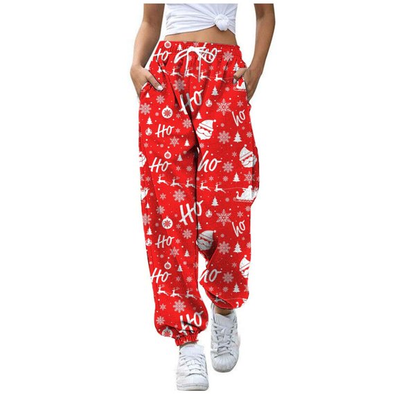 DHFJKG Women's Christmas Jogger Sweatpants Loose Fit Cartoon Santa Printed High Waisted Elastic Drawstring Ankle-Tied Casual Pants Xmas Streetwear Trendy Trousers