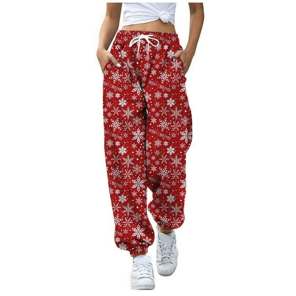 DHFJKG Women's Christmas Jogger Sweatpants Loose Fit Snowflake Printed High Waisted Elastic Drawstring Ankle-Tied Casual Pants Xmas Streetwear Trendy Trousers