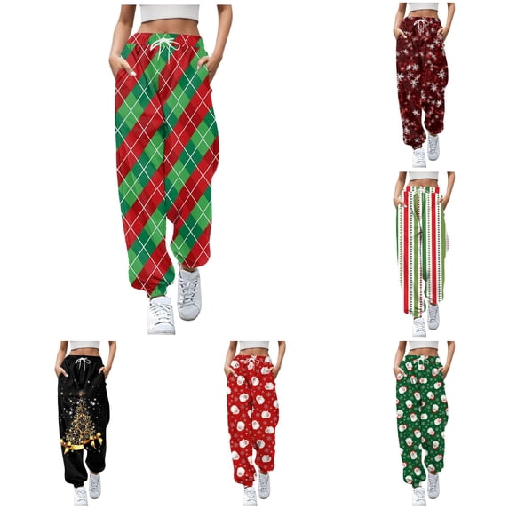 DHFJKG Women's Christmas Print Sweatpants Drawstring Tapered Joggers Pants Comfortable Loose High Waisted Sweat Pants With Pockets