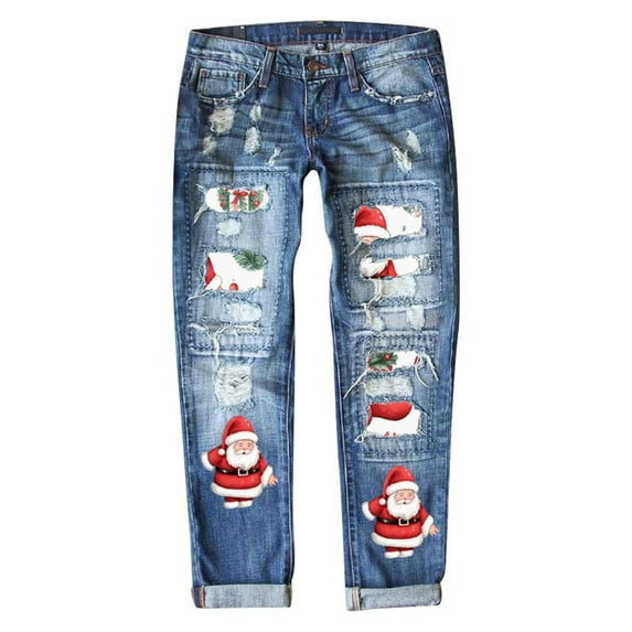 DHFJKG Women's Christmas Ripped Jeans Distressed Washed Print Mid Rise Straight Leg Denim Pants For Xmas Streetwear Comfort Trousers