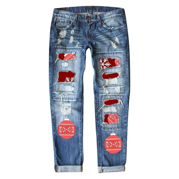 DHFJKG Women's Christmas Ripped Jeans Distressed Washed Print Mid Rise Straight Leg Denim Pants For Xmas Streetwear Soft Trousers