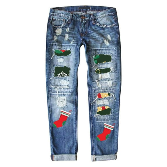 DHFJKG Women's Christmas Ripped Jeans Distressed Washed Print Mid Rise Straight Leg Denim Pants For Xmas Streetwear Soft Trousers