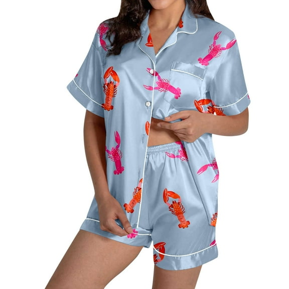 DHFJKG Women's Crayfish Print Short Sleeve Turndown Collar Satin Pajama Set Outfit Comfortable Sleepwear For Home Holiday Pyjamas
