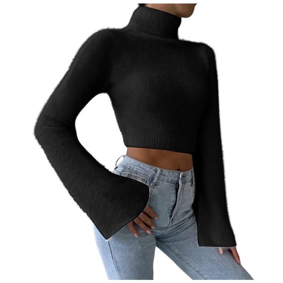 DHFJKG Women's Crop Fuzzy Knitted Sweater Turtleneck Flare Long Sleeve Solid Color Cropped Knitting Pullover Warm Comfort Jumper Tops