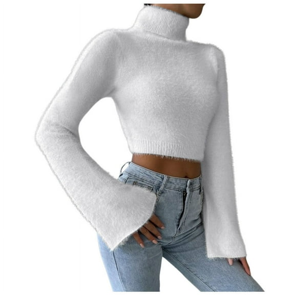 DHFJKG Women's Crop Fuzzy Knitted Sweater Turtleneck Flare Long Sleeve Solid Color Cropped Knitting Pullover Warm Leisure Jumper Tops