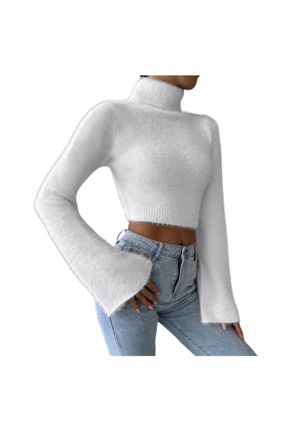 Women's Crop Fuzzy Knitted Sweater Turtleneck Flare Long Sleeve Solid Color Cropped Knitting Pullover Warm Leisure Jumper Tops