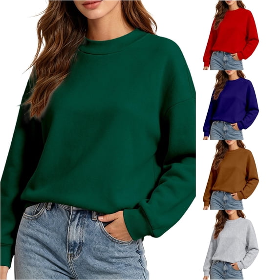 DHFJKG Women's Cropped Sweatshirt Loose Fit Drop Shoulder Solid Color Long Sleeve Crew Neck Pullover Tops