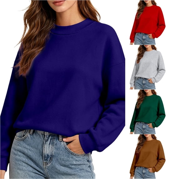 DHFJKG Women's Cropped Sweatshirt Loose Fit Drop Shoulder Solid Color Long Sleeve Crew Neck Pullover Tops