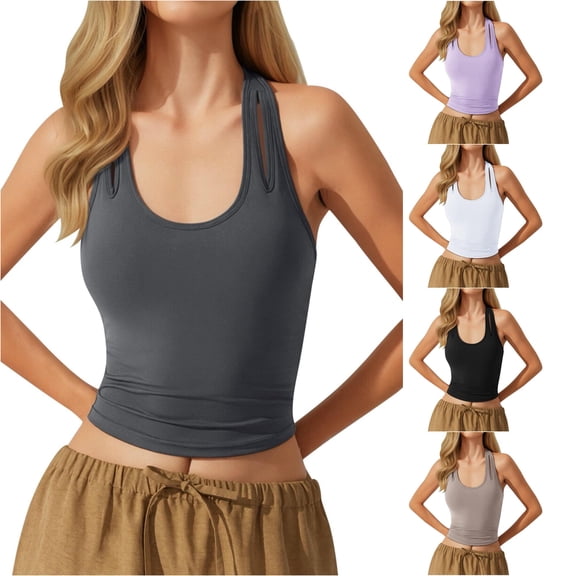 DHFJKG Women's Cropped Tank Tops Removable Padded Scoop Neck Slim Fit Racerback Camisole Top With Hallow Out Design