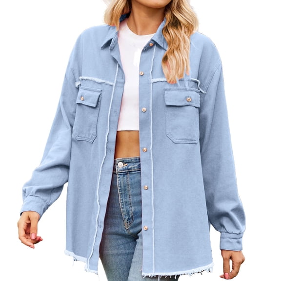 DHFJKG Women's Denim Button Down Shirts Raw Edge Washed Top Casual Turndown Collar Long Sleeve Blouse With Pockets Soft Tops