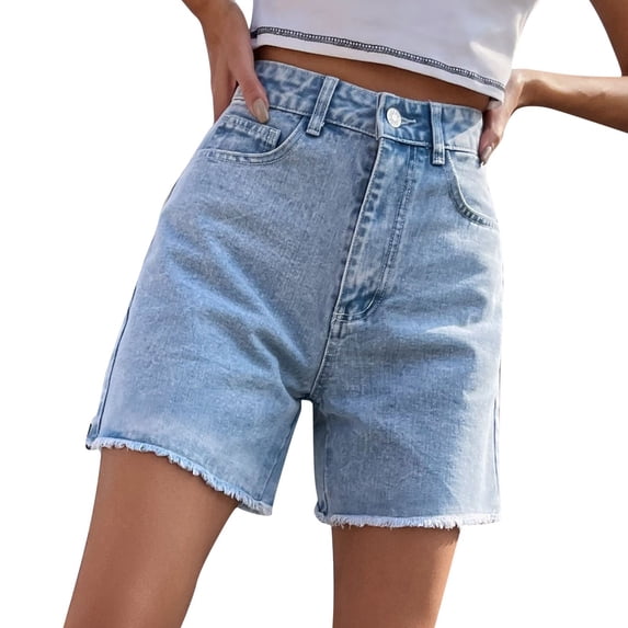 DHFJKG Women's Denim Shorts High Waisted Loose Fit Summer Row Hem Distressed Washed Flat Front Jean Shorts With Pockets Versatile Bottoms