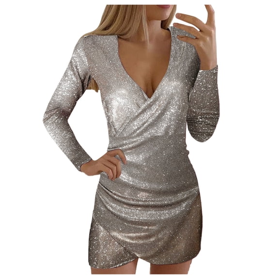 DHFJKG Women's Dress Sequin Sparkly Glitter Dress V Neck Long Sleeve Party Club Going Out Mini Dresses Slim Fit Stylish Dresses