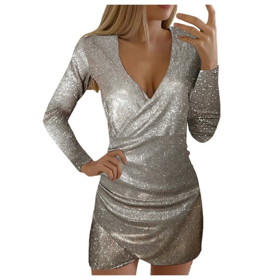 DHFJKG Women's Dress Sequin Sparkly Glitter Dress V Neck Long Sleeve Party Club Going Out Mini Dresses Slim Fit Trendy Dresses
