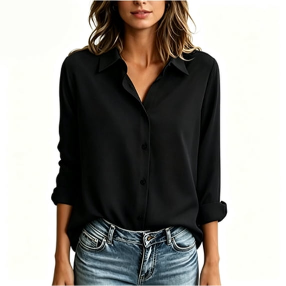 DHFJKG Women's Dress Shirts Long Sleeve Loose Fit Solid Color Stretchy Soft Button Down Collared Shirts Classic Tops