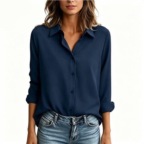 DHFJKG Women's Dress Shirts Long Sleeve Loose Fit Solid Color Stretchy Soft Button Down Collared Shirts Trendy Tops