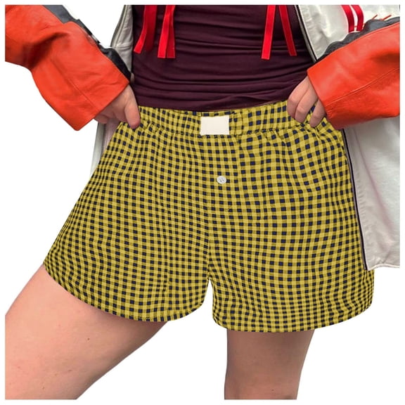 DHFJKG Women's Elastic Waist Shorts Cute Soft Plaid Button Front Loungewear Bottoms Summer Casual Beach Vacation Clothes Comfortable Trousers