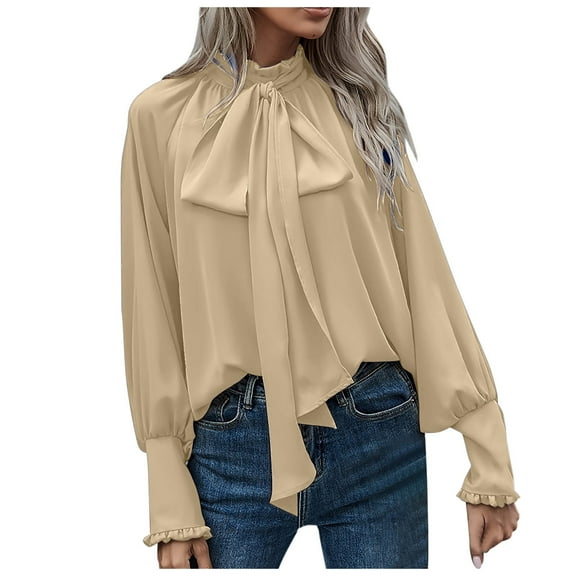 DHFJKG Women's Elegant Tie Knot Shirts Solid Color Stand Collar Blouse Loose Fit Lantern Sleeve Long Sleeve Stylish Tops