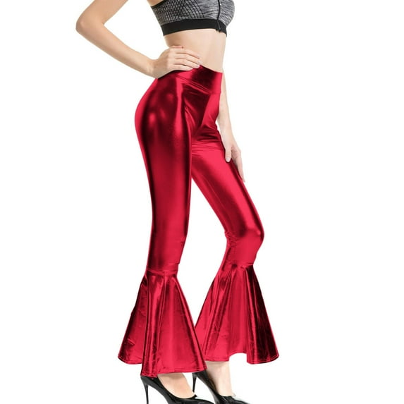 DHFJKG Women's Flare Leather Pants High Waisted Slim Fit Sparkly Glossy Bell Bottom Pants For Night Club Festive Party Comfort Trousers