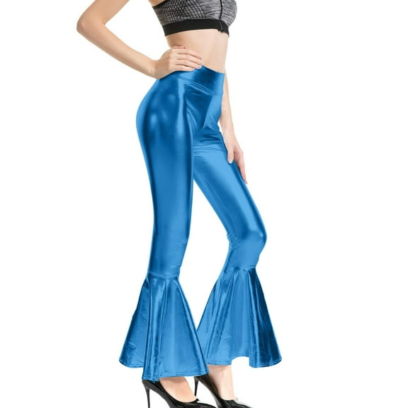 DHFJKG Women's Flare Leather Pants High Waisted Slim Fit Sparkly Glossy Bell Bottom Pants For Night Club Festive Party Cozy Trousers