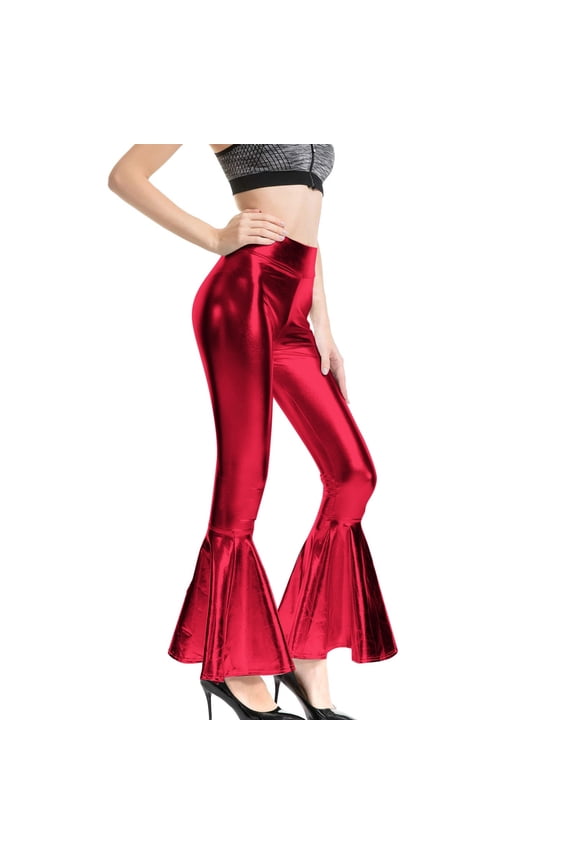 Women's Flare Leather Pants High Waisted Slim Fit Sparkly Glossy Bell Bottom Pants For Night Club Festive Party Stylish Trousers