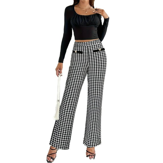 DHFJKG Women's Flare Wide Leg Pants Elegant Houndstooth Print High Waist With Pockets Versatile Trousers