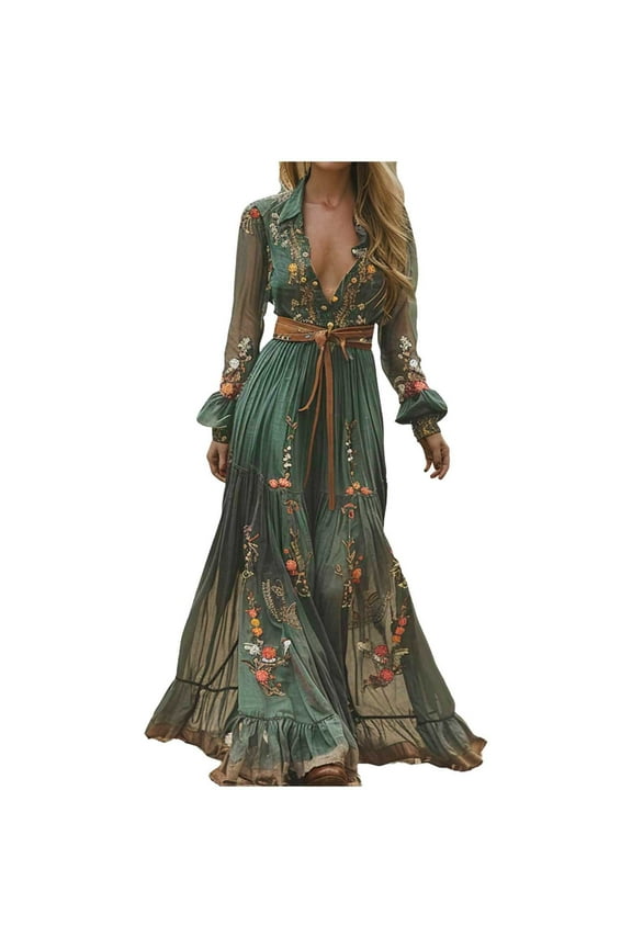 Women's Floral Boho Long Sleeve Maxi Dress Button Down Collared Swing Flowy Wedding Guest Versatile Dresses