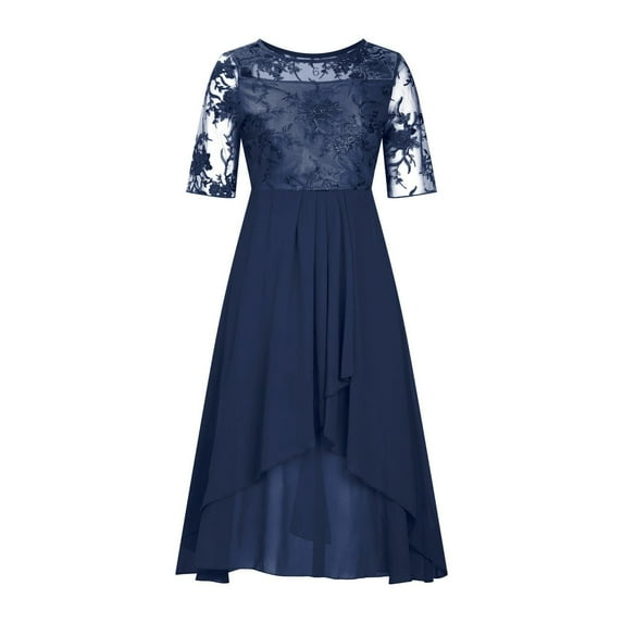 DHFJKG Women's Floral Embroidery Lace Hallow Out Dress For Bridesmaid Wedding Half Sleeve High Low Chiffon Stylish Dresses
