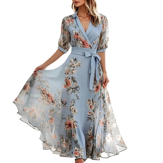 DHFJKG Women's Floral Printed V Neck Short Sleeve Comfortable Casual Dress For Daily Wear Stylish Flowy Midi Dress Summer Vacation Sundress Plus Size Elegant Classy Wedding Guest