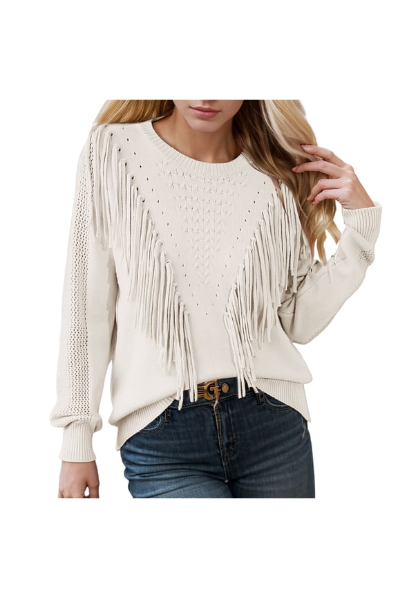 Women's Fringe Tassel Knitted Sweater Pullover Crewneck Long Sleeve Loose Fit Casual Cozy Tops