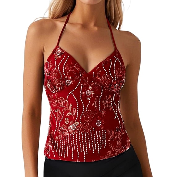 DHFJKG Women's Glitter Camisoles Top Sequin Embroidery Criss Cross Lace Up Sexy Sleeveless Shirts Party Club Going Out V Neck Versatile Tops