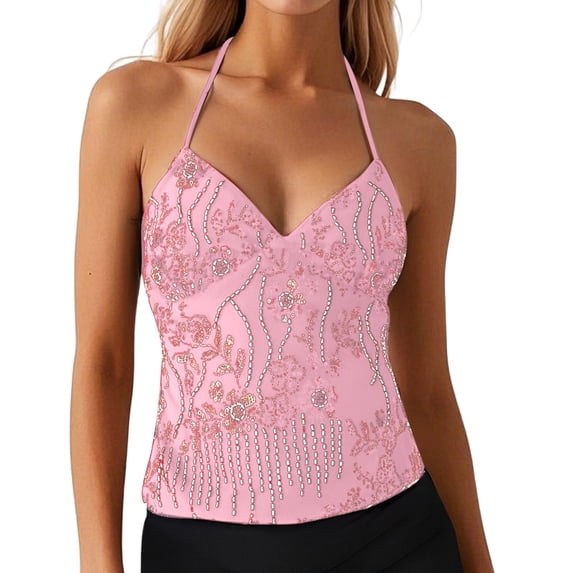 DHFJKG Women's Glitter Camisoles Top Sequin Embroidery Criss Cross Lace Up Sexy Sleeveless Shirts Party Club Going Out V Neck Versatile Tops