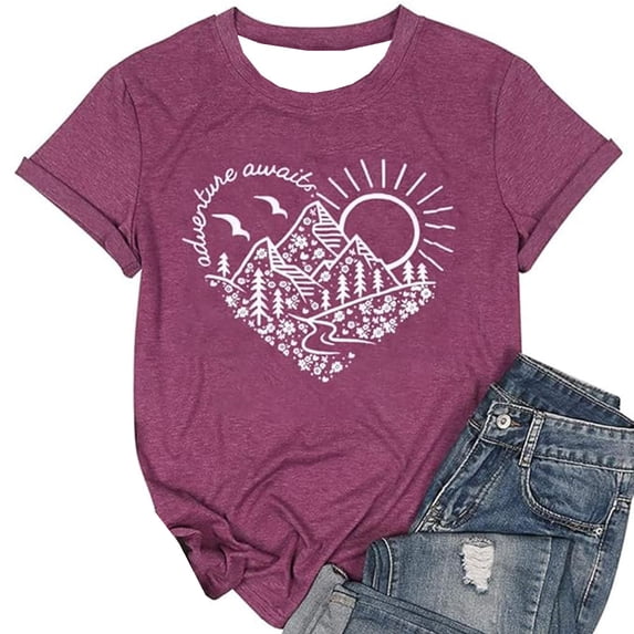 DHFJKG Women's Graphic Tee Short Sleeve Crew Neck Sunrise Printed T Shirt Loose Fit Soft Casual Daily Wear Versatile Tops