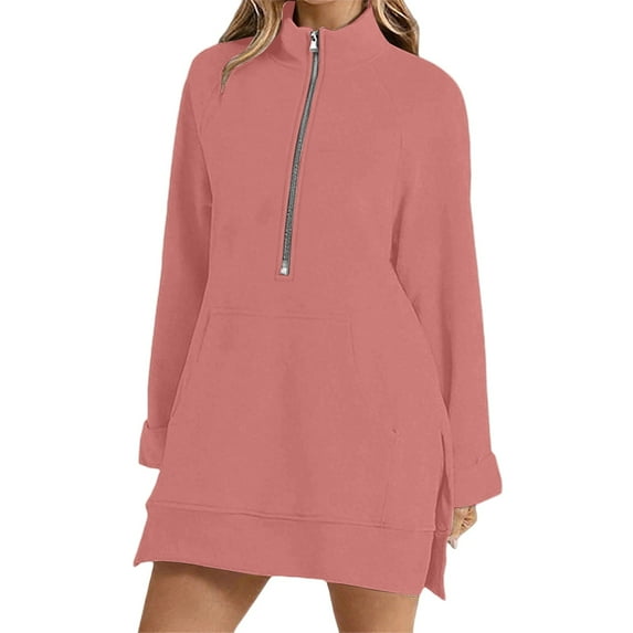 DHFJKG Women's Half Zip Side Slit Longline Sweatshirt Solid Color Casual Fall Winter Pullover Top Loose Fit Comfortable Athletic Wear Long Sleeve Stand Collar Classic Tops